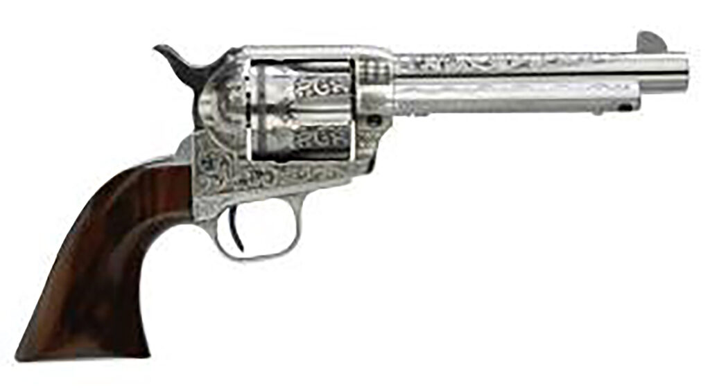 Taylors & Company 555160 1873 Cattleman Uberti 45 Colt (Long Colt) 6 Shot 4.75″ White Engraved Round Barrel, Cylinder & Steel Frame, Black Polymer Navy Grip, Exposed Hammer