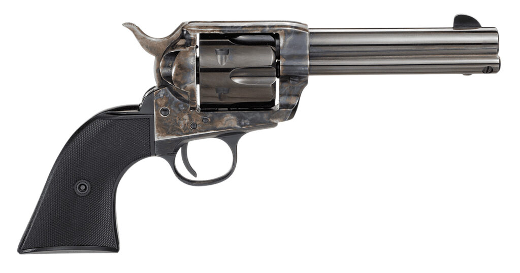 Taylors & Company 200109 1873 Pietta 9mm Luger 6 Shot 4.75″ Blued Round Barrel, Blued Cylinder, Color Case Hardened Steel Frame, Black Checkered Plastic Navy Grip, Manual Safety, Exposed Hammer