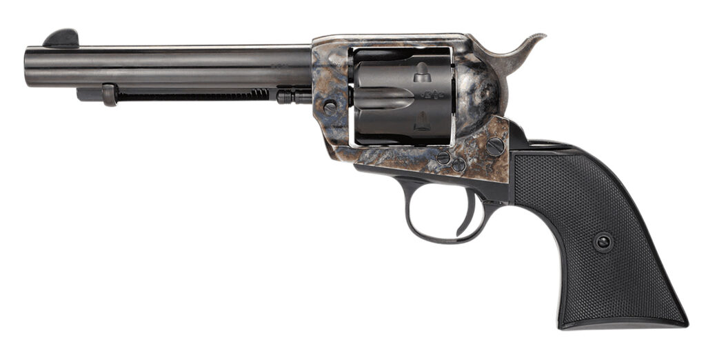 Taylors & Company 200110 1873 Pietta 9mm Luger 6 Shot 5.50″ Blued Round Barrel, Blued Cylinder, Color Case Hardened Steel Frame, Black Checkered Plastic Navy Grip, Manual Safety, Exposed Hammer
