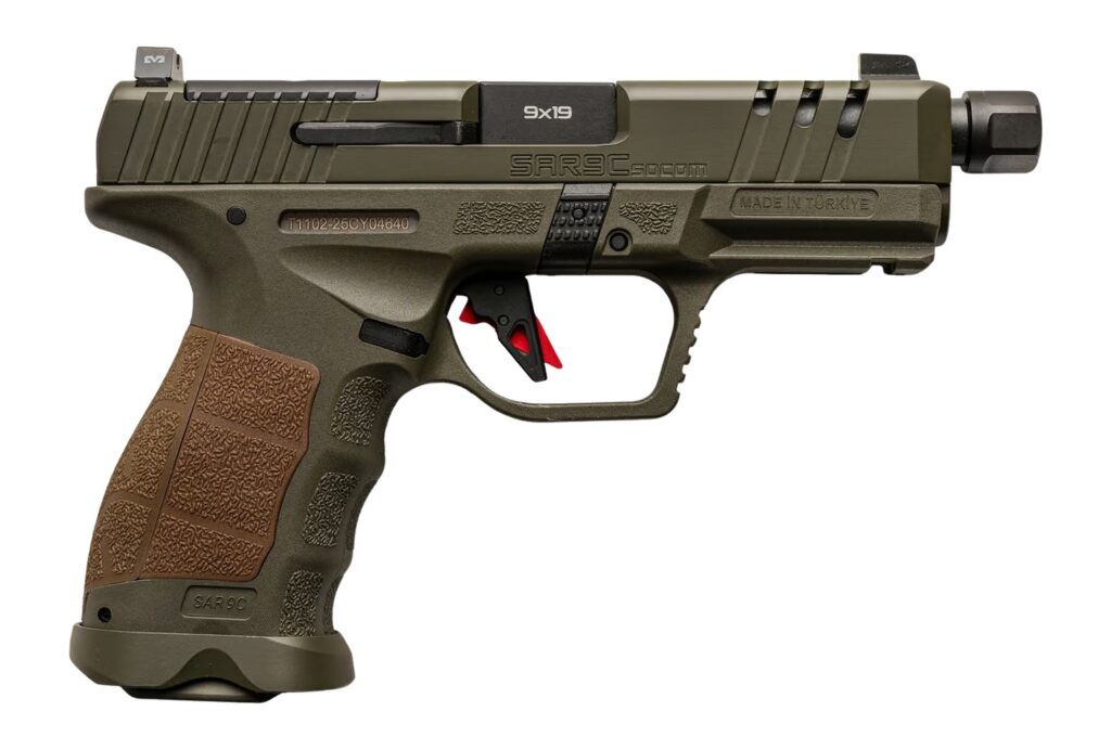 Sarsilmaz SAR9CSOCOMOD10 SAR9 SOCOM Compact 9mm Luger 10+1 4.70″ Black Threaded Barrel, OD Green Steel Optic Cut/Serrated Slide, OD Green Polymer Frame w/Picatinny Rail, Interchangeable Backstrap Grip