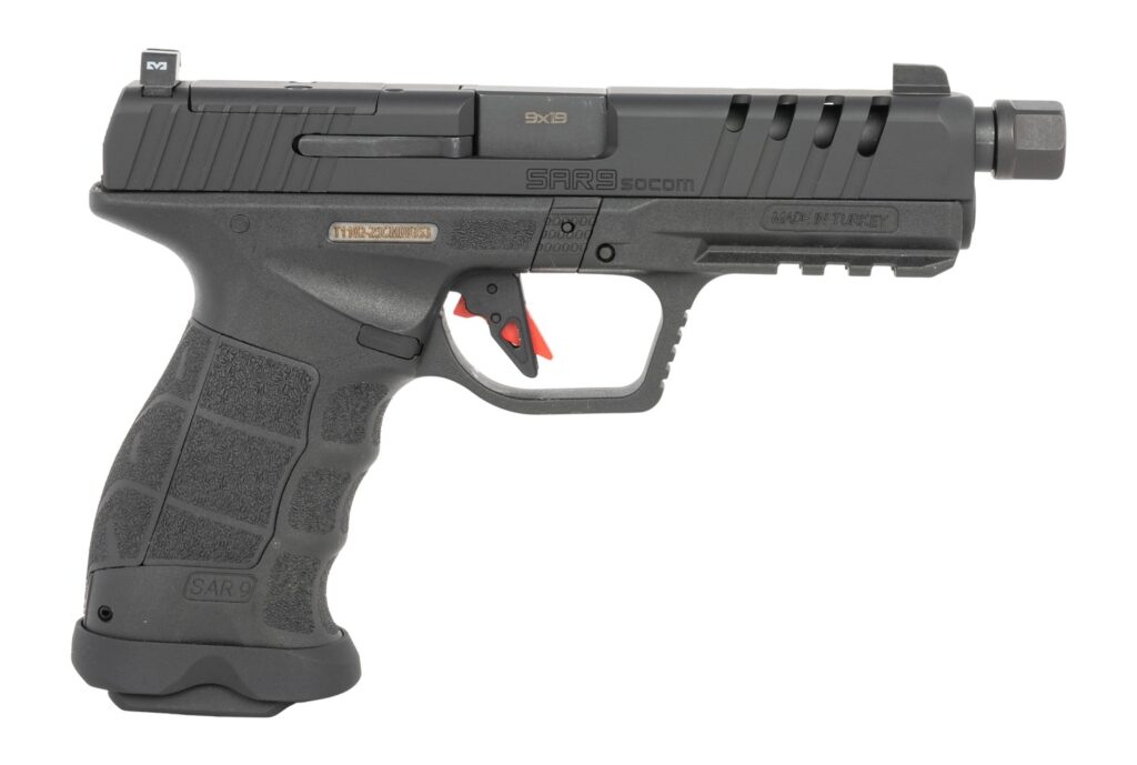 Sarsilmaz SAR9SOCOMBL10 SAR9 SOCOM Full Size 9mm Luger 10+1 5.10″ Black Threaded Barrel, Black Steel Optic Cut/Serrated Slide, Black Polymer Frame w/Picatinny Rail, Interchangeable Backstrap Grip, RMS