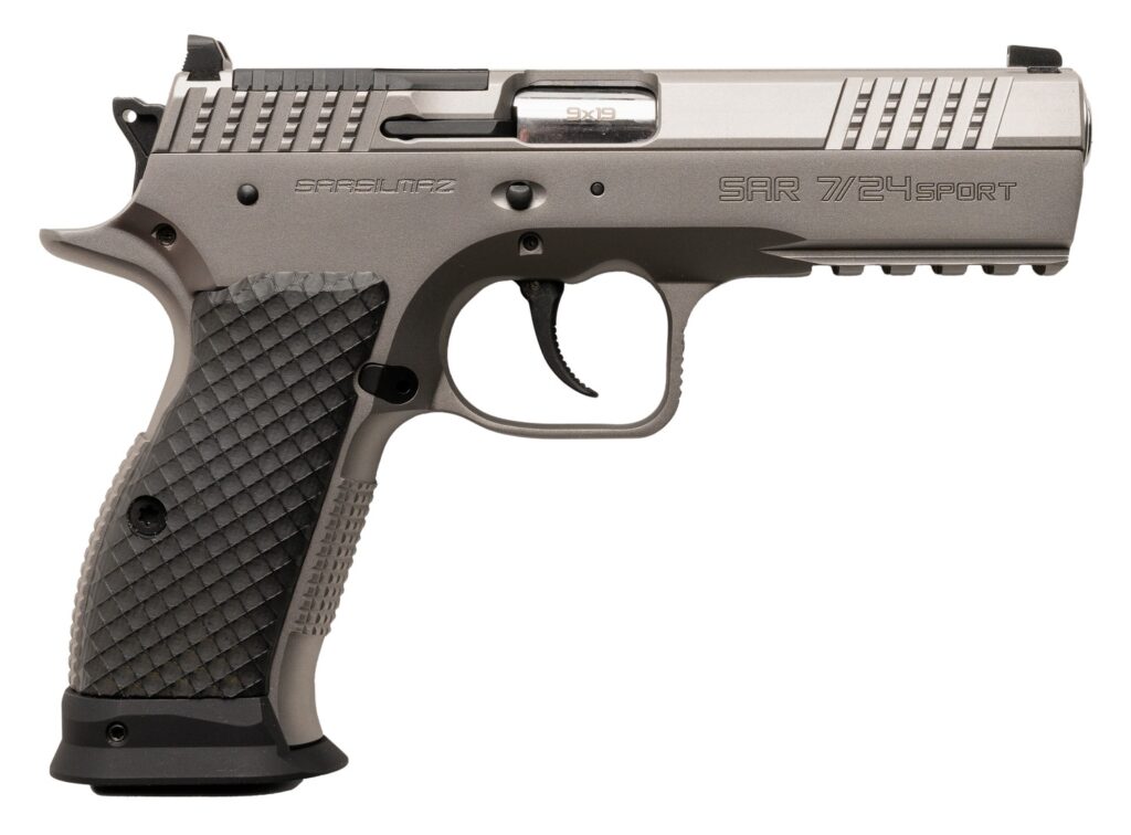 Sarsilmaz SAR7/24SPT 7/24  9mm Luger 17+1 4.40″ Stainless Barrel, Matte Stainless Steel Optic Cut/Serrated Slide, Matte Stainless Steel Frame w/Beavertail & Picatinny Rail, Black Polymer Grip