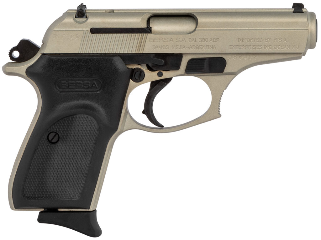 Bersa T380NKL8 Thunder  Micro-Compact Frame 380 ACP 8+1, 3.50″ Satin Nickel Steel Barrel, Serrated Steel Slide & Aluminum Frame