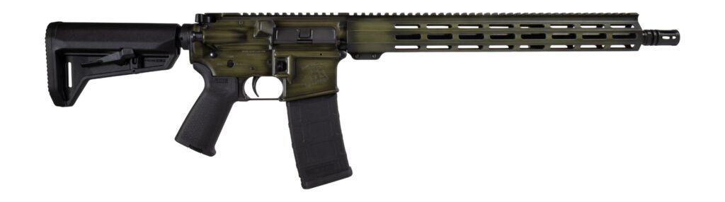 Shark Coast Tactical 300-044-1000-14 Distressed 5.56 NATO 30+1 16″ Black Melonite Threaded Barrel, Green Distressed Cerakote Aluminum Receiver w/Picatinny Rail, M-LOK Handguard, Magpul MOE SL Black Po