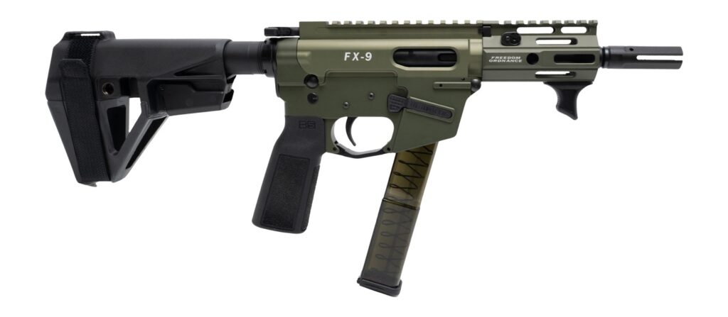 Freedom Ordance FX9P4E-ODG FX9P Elite 9mm Luger 4″ Black Nitride Threaded Barrel, OD Green Anodized Aluminum Receiver w/Picatinny Rail, M-LOK Handguard, Black Polymer SB Tactical SBA5 Brace, Black Pol