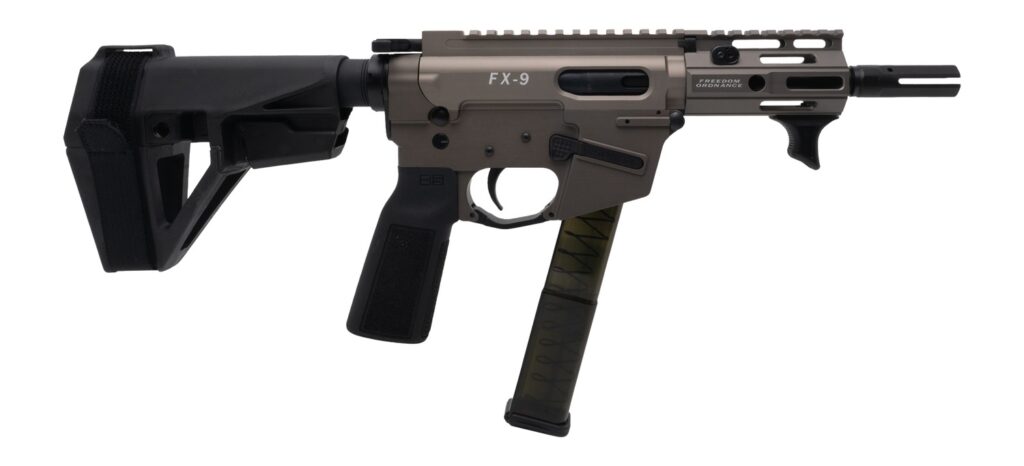 Freedom Ordance FX9P4E-FDE FX9P Elite 9mm Luger 4″ Black Nitride Threaded Barrel, Flat Dark Earth Anodized Aluminum Receiver w/Picatinny Rail, M-LOK Handguard, Black Polymer SB Tactical SBA5 Brace, Bl