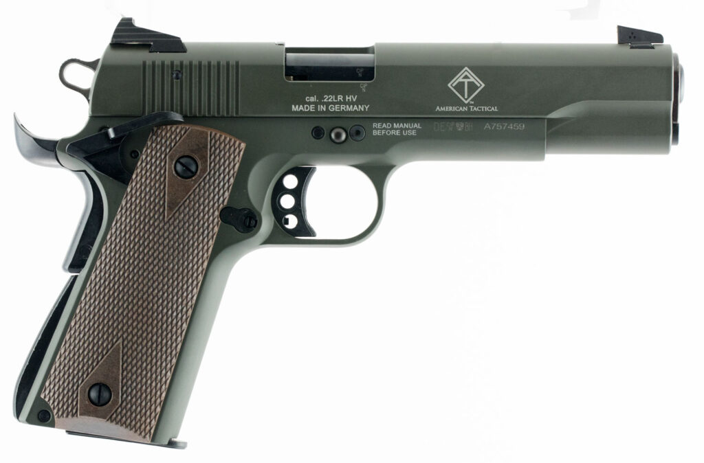 GSG GSG2210M1911G 1911  22 LR 10+1 5″ Threaded Barrel, OD Green Serrated Slide, OD Green Zinc Alloy w/Beavertail Frame, Double Diamond Walnut Grip