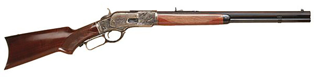 Cimarron CA213 1873 Short Deluxe Full Size 38 Special/357 Mag 10+1, 20″ Blued Octagon Steel Barrel, Color Case Hardened Steel Receiver, Walnut Fixed Pistol Grip Stock, Right Hand