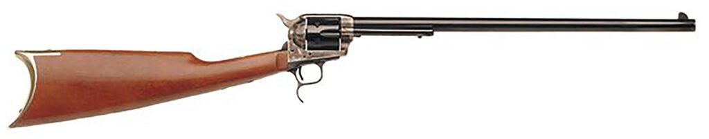 Cimarron MP419 Revolving Carbine  Full Size 45 Colt (Long Colt) 6 Shot 18″ Blued Stainless Steel Barrel, Color Case Hardened Stainless Steel Receiver, Walnut Shoulder Stock, Right Hand