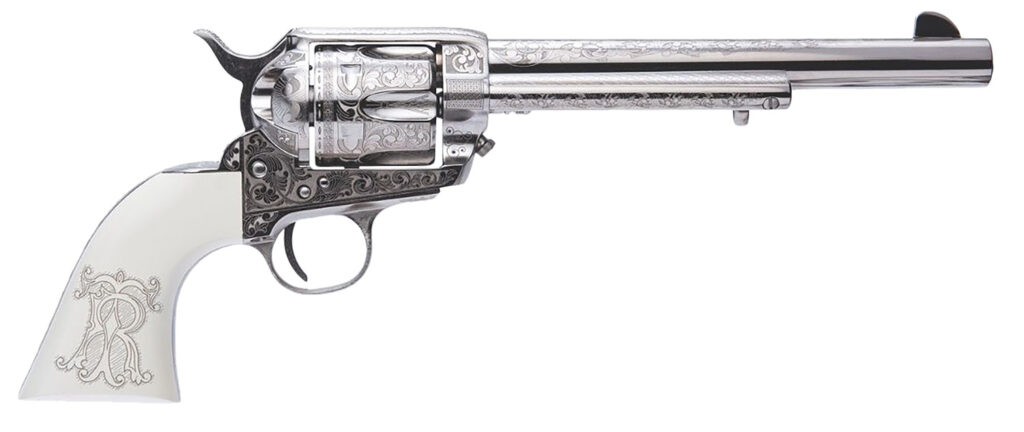 Cimarron PP415LNTRII Teddy Roosevelt Frontier 45 Colt (LC) 6 Shot 7.50″ Nickel-Plated Engraved Barrel, Cylinder & Frame, White w/Laser Engraved “T.R.” Grip