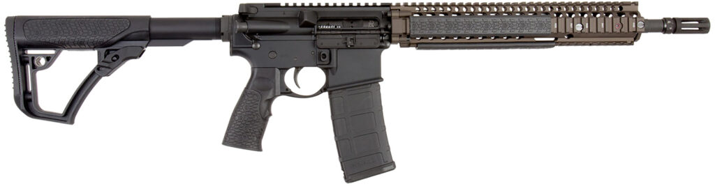 Daniel Defense 0208806027055 DDM4 M4A1 *CA Compliant 5.56x45mm NATO 14″ 10+1 Black Hard Coat Anodized 6 Position w/SoftTouch Overmolding Stock with Flat Dark Earth Handguard