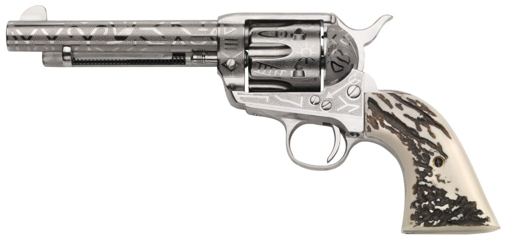 Taylors & Company OG1407 1873 Cattle Brand 357 Mag 6rd 5.50″ Nickel Engraved Imitation Stag Grip