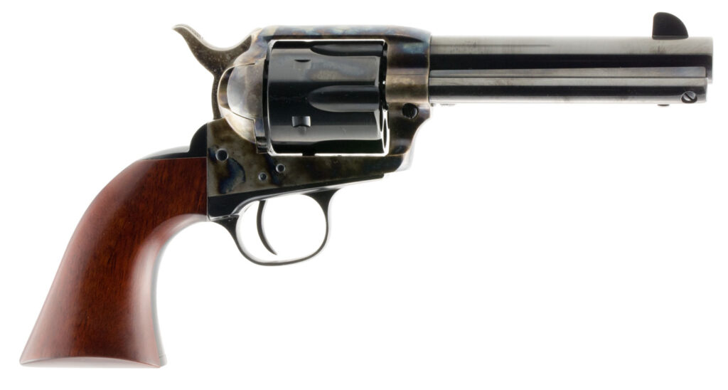 Taylors & Company 550887 1873 Cattleman Uberti 45 Colt (Long Colt) 6 Shot 4.75″ Blued Round Barrel & Cylinder, Color Case Hardened Steel Frame, Walnut Navy Style Grip, Exposed Hammer