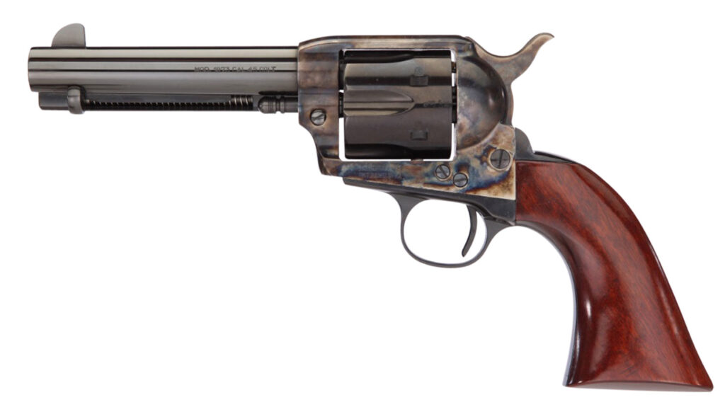 Taylors & Company 555149 1873 Cattleman Gunfighter 45 Colt (LC) 6rd 4.75″ Blued Cylinder & Barrel Color Case Hardened Steel Frame Walnut Army Size Grip