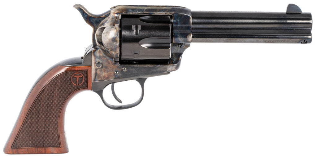Taylors & Company 550180 Smoke Wagon  357 Mag Caliber with 4.75″ Blued Finish Barrel, 6rd Capacity Blued Finish Cylinder, Color Case Hardened Finish Steel Frame & Checkered Walnut Grip
