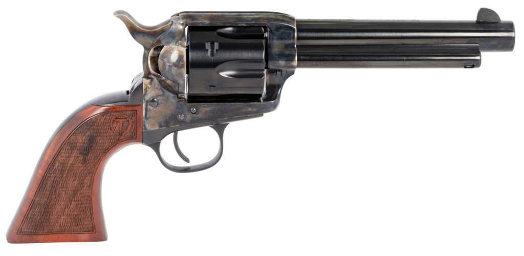 Taylors & Company 550811 Smoke Wagon  357 Mag Caliber with 5.50″ Blued Finish Barrel, 6rd Capacity Blued Finish Cylinder, Color Case Hardened Finish Steel Frame & Checkered Walnut Grip