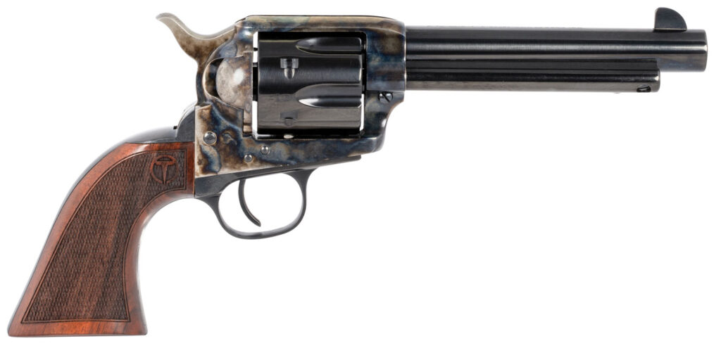 Taylors & Company 550813 Smoke Wagon  45 Colt (LC) Caliber with 5.50″ Blued Finish Barrel, 6rd Capacity Blued Finish Cylinder, Color Case Hardened Finish Steel Frame & Checkered Walnut Grip