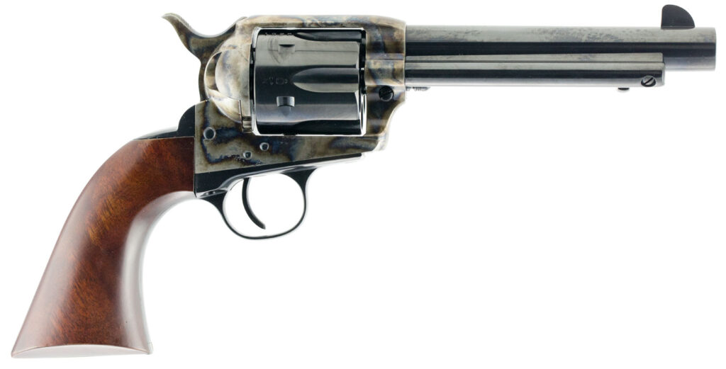Taylors & Company 550857 1873 Gunfighter 357 Mag Caliber with 5.50″ Blued Finish Barrel, 6rd Capacity Blued Finish Cylinder, Color Case Hardened Finish Steel Frame & Walnut Army Size Grip