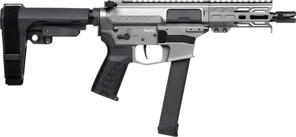 CMMG 99A290FTNG Banshee FE MkGs 9mm Luger 33+1 5″ Black Nitride Threaded Barrel, M-LOK Handguard, Tungsten Cerakote Aluminum Receiver w/Picatinny Rail, Black Polymer CMMG RipBrace, CMMG Zeroed Grip