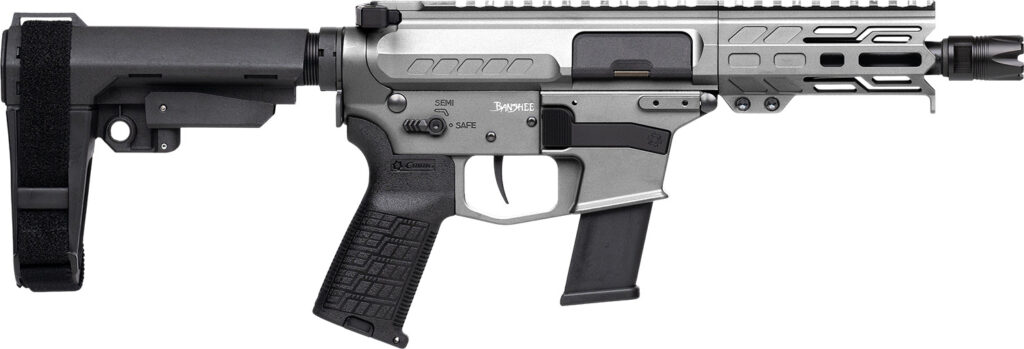 CMMG 45A150FTNG Banshee FE MkG 45 ACP 13+1 5″ Black Nitride Threaded Barrel, M-LOK Handguard, Titanium Cerakote Aluminum Receiver w/Picatinny Rail, Black Polymer CMMG RipBrace, CMMG Zeroed Grip
