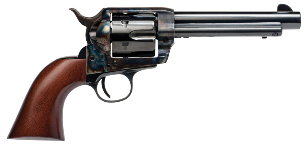 Cimarron PP411 Frontier Pre-War 1896-1940 45 Colt (LC) 6 Shot, 5.50″ Blued Steel Barrel, Blued Cylinder, Color Case Hardened Steel Frame, Walnut Grip, Exposed Hammer