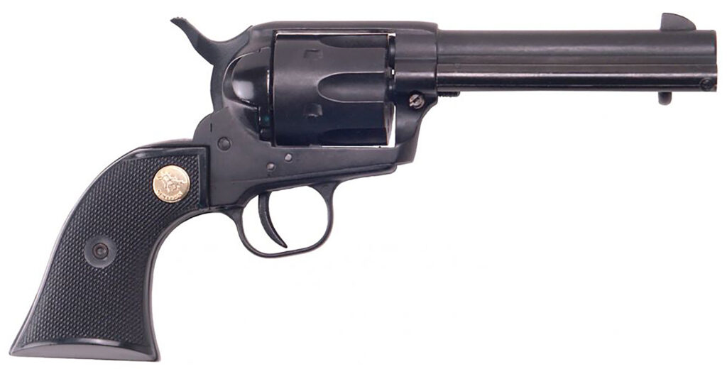 Cimarron ASPLINK1 Plinkerton  22 LR 6 Shot 4.75″ Matte Black Steel Barrel, Frame & Cylinder, Black Checkered Plastic w/Medallion Grip, Exposed Hammer
