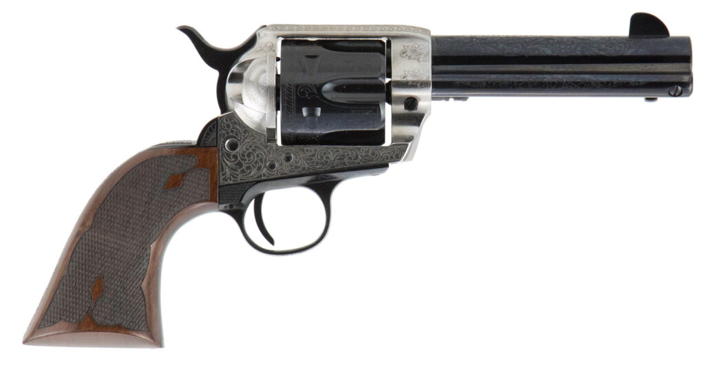 Cimarron PP410LSFW Frontier Pre-War 1896-1940 45 Colt (LC) 6 Shot, 4.75″ Blued Steel Barrel, Blued Cylinder, Old Silver Engraved Steel Frame, Checkered Walnut Grip, Exposed Hammer