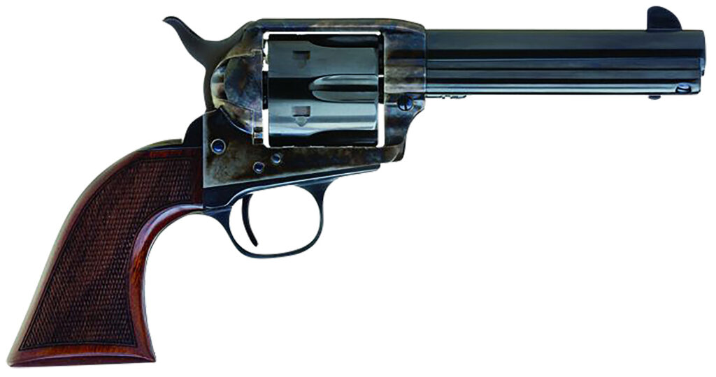 Cimarron AR400 Arizona Ranger  357 Mag 6 Shot, 4.75″ Blue w/Engraved “Arizona Ranger” Steel Barrel, Blued Cylinder, Color Case Hardened Steel Frame, Checkered Walnut Grip, Exposed Hammer