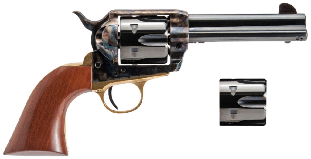 Cimarron PPP9MMDC Pistolero Dual Cylinder 9mm Luger/357 Mag 6 Shot, 4.75″ Blued Barrel & Cylinder, Color Case Hardened Frame, Walnut Grip