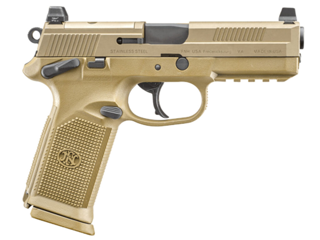FN 66100223 FNX Tactical 45 ACP 10+1 4.50″ Black Steel Barrel, Flat Dark Earth Optic Cut/Serrated Steel Slide & Polymer Frame w/Picatinny Rail, FDE Interchangeable Backstrap Grip, Ambidextrous