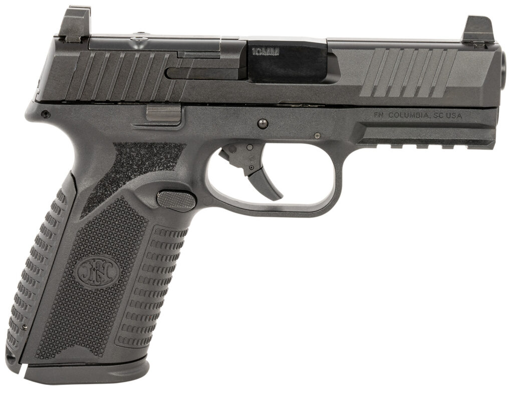 FN 66101381 510 MRD Full Size 10mm Auto 10+1, 4.10″ Black Target Crown Steel Barrel, Black PVD Optic Cut/Serrated Steel Slide & Polymer Frame w/Picatinny Rail, Ambidextrous