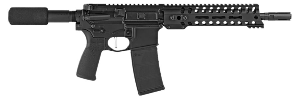 Patriot Ordnance Factory 01801 Minuteman Direct Impingement 5.56x45mm NATO 30+1 10.50″, Black, Buffer Tube Stock, Textured Polymer Grip, 3 Prong Flash Hider