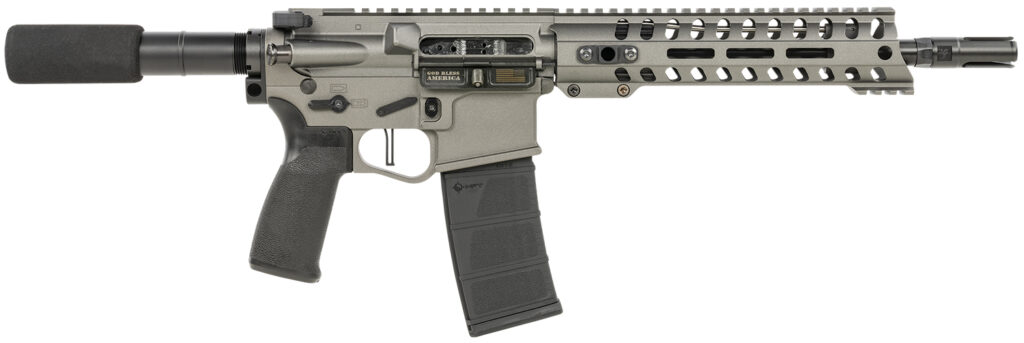 Patriot Ordnance Factory 01802 Minuteman Direct Impingement 5.56x45mm NATO Caliber with 10.50″ Barrel, 30+1 Capacity, Tungsten Metal Finish, Buffer Tube Stock & Black MFT Grip Right Hand