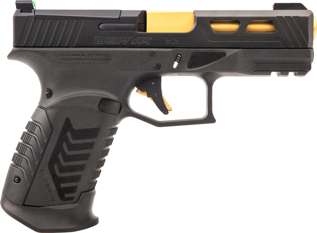 Derya Firearms DY9GUS DY9  9mm Luger 15+1 4.02″ Gold TiN Steel Barrel, Black Nitride Optics Ready/Serrated Alloy Steel Slide, Black Polymer Frame w/Accessory Rail, Black Interchangeable Backstrap Grip
