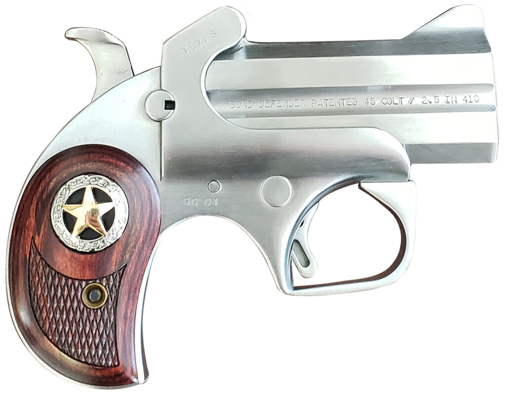 Bond Arms BARD Rustic Defender  Sports South Exclusive 45 Colt (LC) Caliber or 2.50″ 410 Gauge 2rd 3″ Barrel, Stainless Steel Finish, Rosewood Grip w/Integrated Star, Includes Exclusive Holster Packag