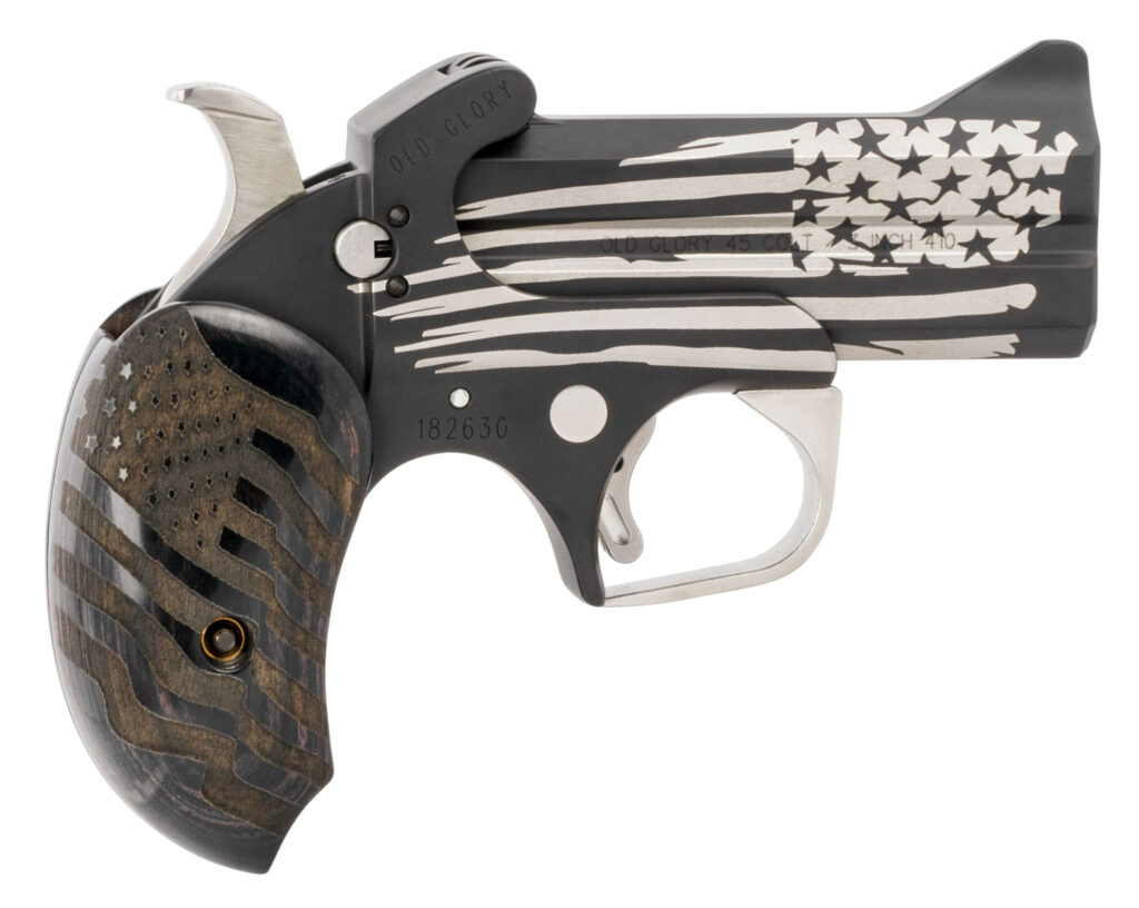Bond Arms BAOG Old Glory  45 Colt (LC)/410 Gauge 2rd 3.50″ Stainless Double Barrel & Frame w/Cerakote Laser Engraved American Flag, Auto Extractor & Rebounding Hammer, Engraved Extended Black Ash Grip