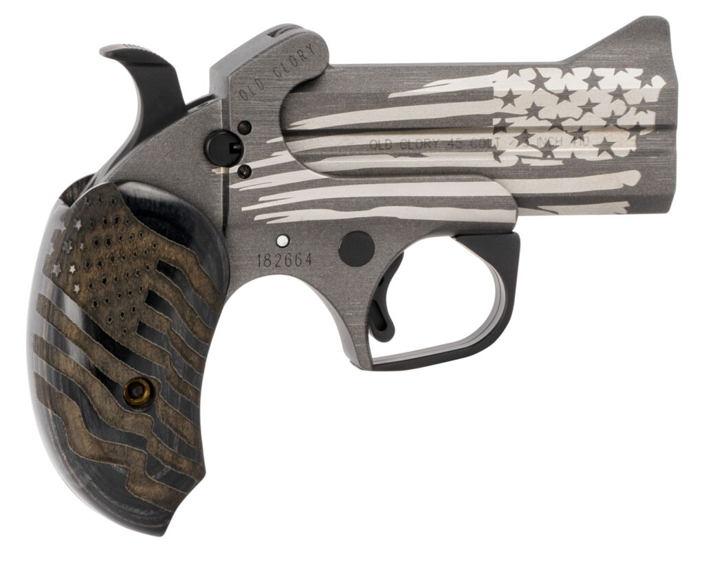 Bond Arms BAOG Old Glory  45 Colt (LC)/410 Gauge 2rd 3.50″ Stainless Barrel & Frame w/Cerakote Finished Laser Engraved American Flag, Auto Extractors & Rebounding Hammer, Custom Engraved Extended Blac
