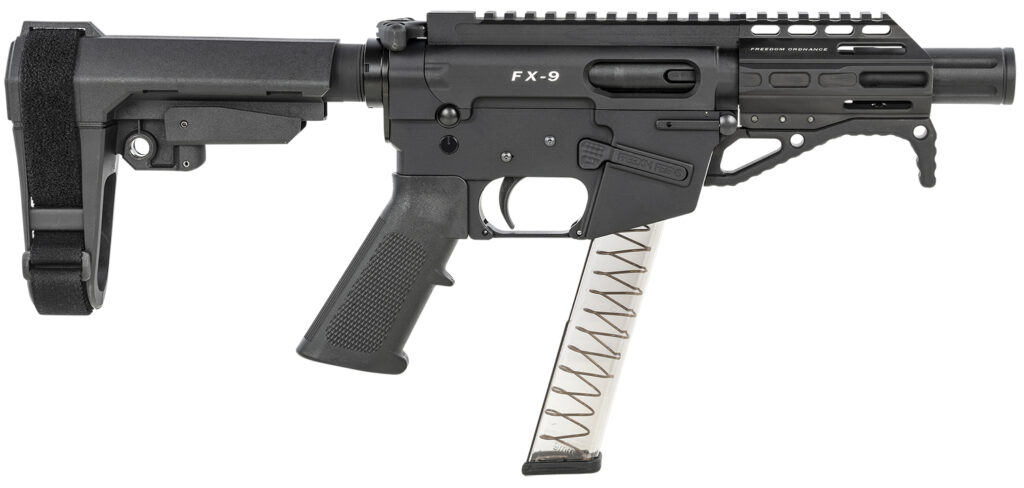 Freedom Ordnance FX9P4S FX-9  9mm Luger 31+1 4″ Black Nitride Barrel w/Faux Suppressor, Black Hard Coat Anodized Aluminum Receiver, SB Tactical SBA3 Pistol Brace Stock, Black Polymer Grip