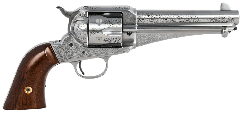 Taylors & Company 550408 1875 Army Outlaw 45 Colt (LC) Caliber with 5.50″ Barrel, 6rd Capacity Cylinder, Overall White Engraved Finish Steel & Walnut Grip