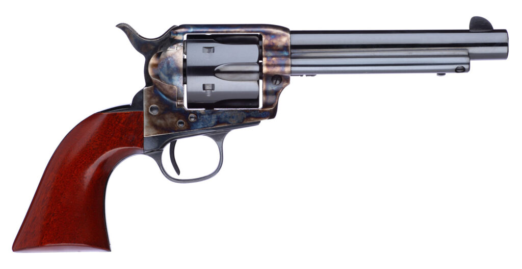 Taylors & Company 701EDE 1873 Cattleman New Model 357 Mag 6rd 5.50″ Blued Cylinder & Barrel Color Case Hardened Steel Frame Walnut Navy Size Grip (Taylor Tuned)