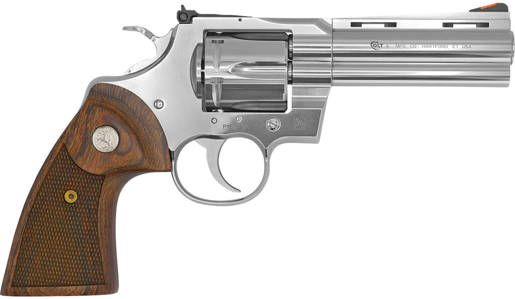 Colt Mfg PYTHONSP4WTS Python  38 Special/357 Mag 6 Shot 4.25″ Stainless Vent Recessed Target/Vent Rib Barrel, Cylinder & Frame, Walnut w/Colt Medallion Grip