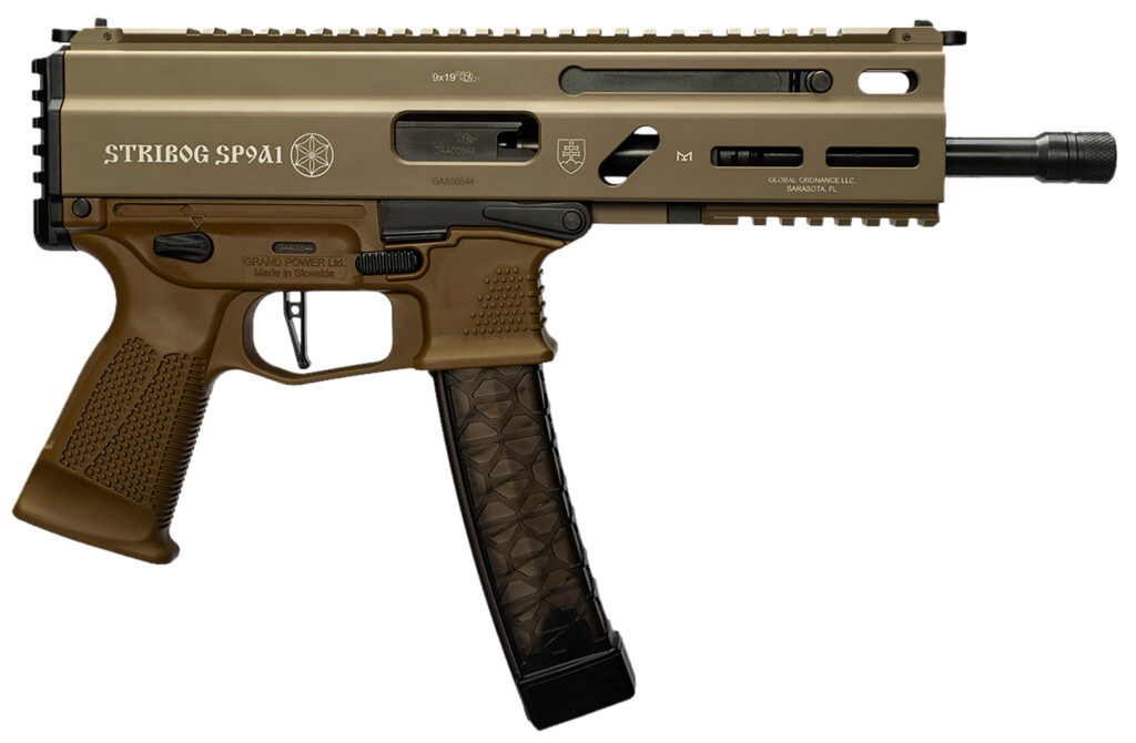 Grand Power 197892004763 SP9A1 Stribog 9mm Luger 30+1 8″ Black Threaded Barrel, M-LOK Handguard, Flat Dark Earth Aluminum Picatinny Rail Receiver, FDE Polymer Grip, Thread Protector