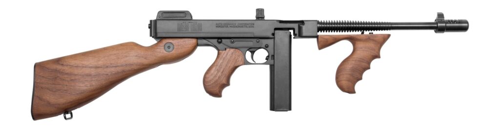 Thompson T1SB 1927A-1 T1SB Deluxe Carbine SBR 45 ACP 20+1 10.50″ Blued Finned Barrel w/Compensator, Blued Steel Receiver, Walnut Vertical Grip Forend, Fixed American Walnut Stock & Grip