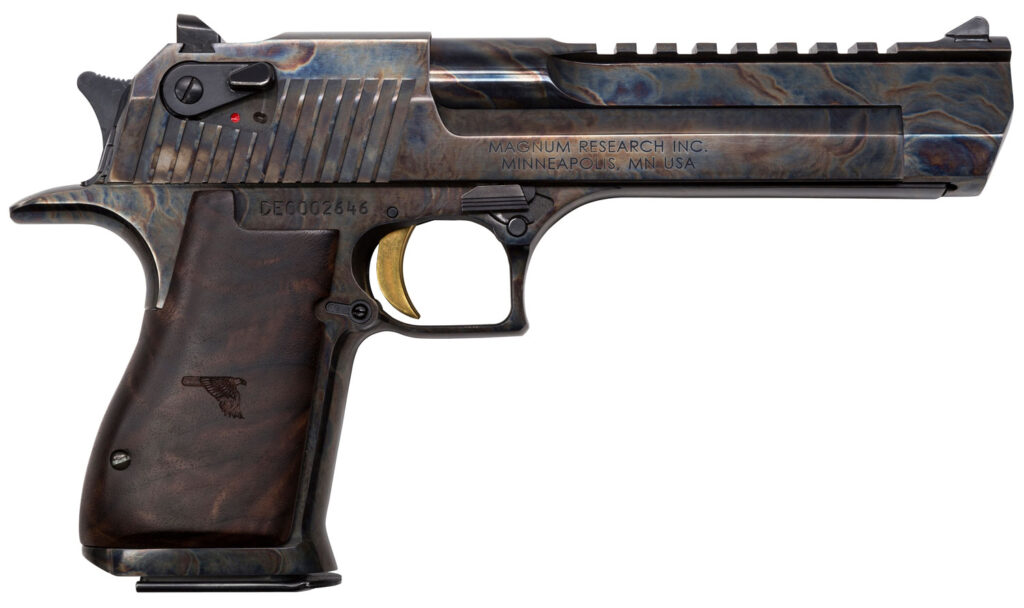 Magnum Research DE50CH Desert Eagle Mark XIX 50 AE 6″ 7+1 Color Case Hardened Carbon Steel with Clear Cerakote Frame & Slide Walnut with Engraved Desert Eagle Logo Grip