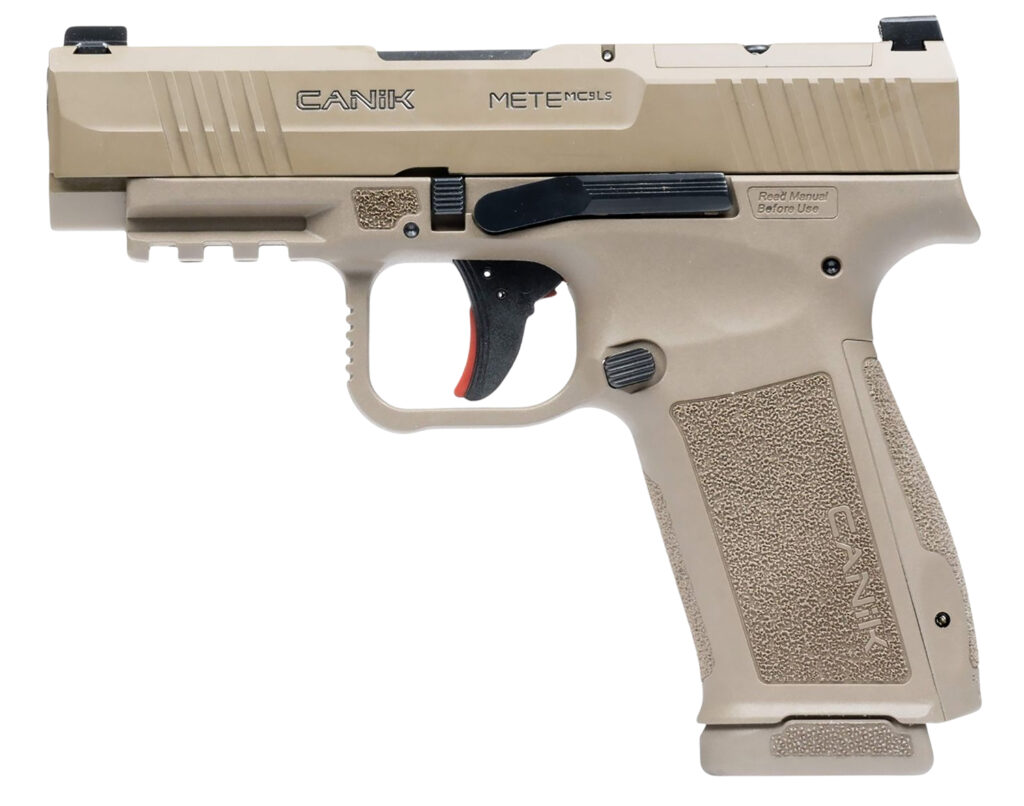 Canik HG7885CAD-N Mete MC9LS *CA Compliant 9mm Luger 10+1 3.63″ Black Steel Barrel, Desert Cerakote Steel Serrated Slide, Flat Dark Earth Polymer Frame w/Picatinny Rail, Interchangeable Backstrap Grip