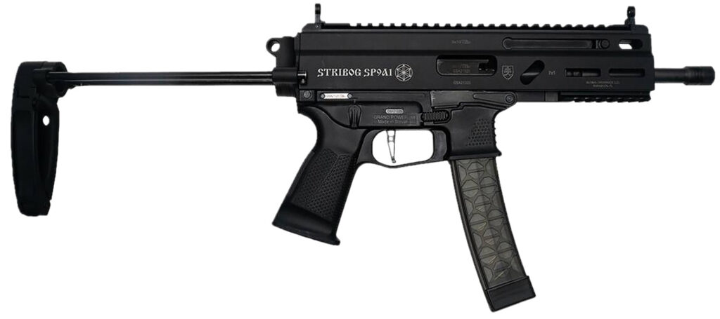 Grand Power 850003223131 SP9A1 Stribog 9mm Luger 30+1 8″ Black Threaded Barrel, M-LOK Handguard, Black Aluminum Picatinny Rail Receiver, Black PDW Tailhook Brace, Black Polymer Grip, Thread Protector
