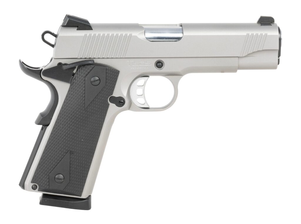 Tisas Arms 10100123 1911  Carry 45 ACP 8+1 4.25″ Stainless Steel Serrated Slide & Frame w/Beavertail, Black Rubber Grip