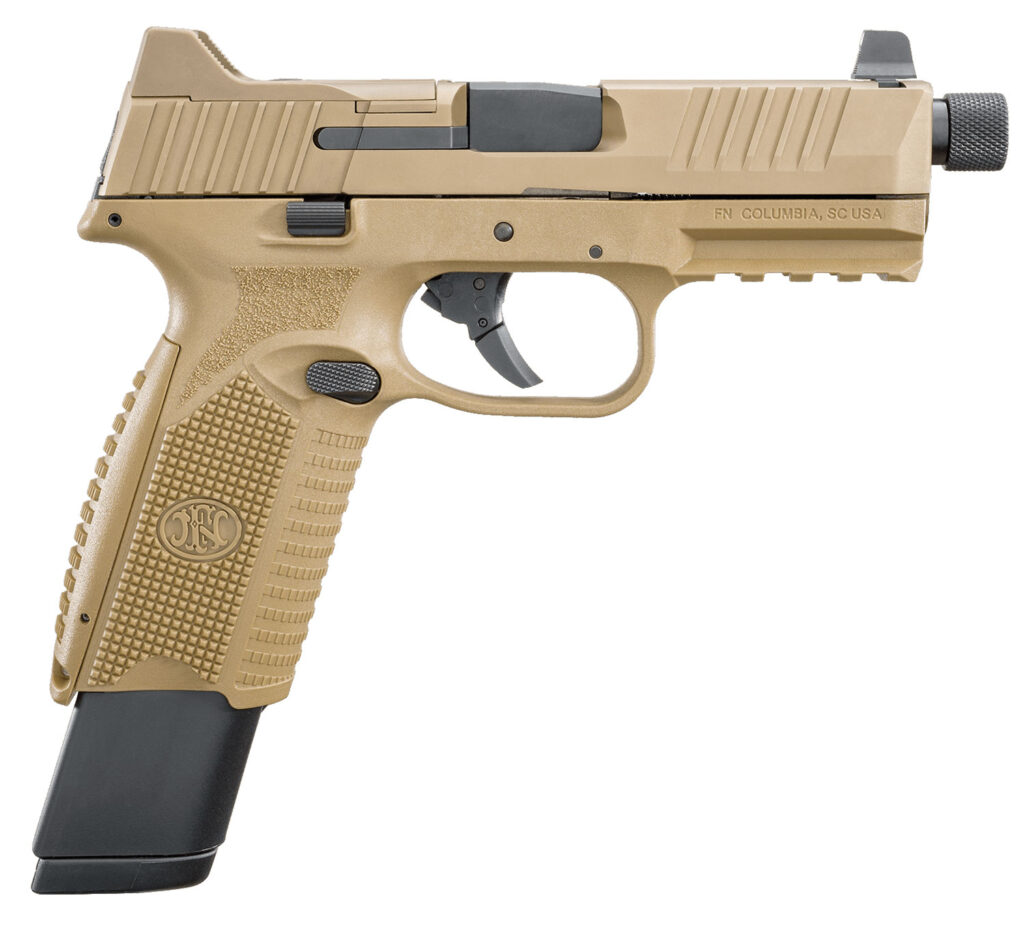 FN 66100373 509T  9mm Luger 17+1/24+1 4.50″ Black Steel Threaded Barrel, Flat Dark Earth Optic Cut/Serrated Stainless Steel Slide, Flat Dark Earth Polymer Frame w/Picatinny Rail
