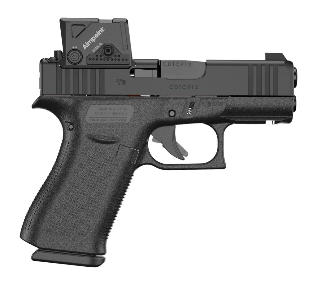 Glock PX4350B03FRMOS8A4 G43X MOS8 w/Aimpoint 9mm Luger 15+1 3.41″ Black GMB Barrel, Black Steel Serrated w/Optic Slide, Black Polymer Frame w/Accessory Rail, Aimpoint COA 3.5 MOA Red Dot, Ambidextrous