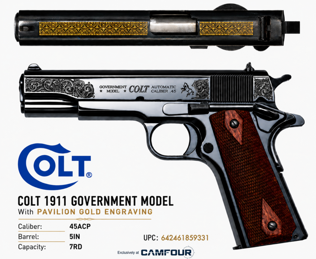 COLT 1911 GOVERNMENT CLASSIC 45ACP 5IN BARREL 7RD BLACK PAVILION GOLD SCROLLED CX007T